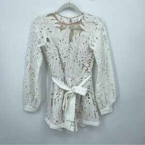 Angel biba Long Sleeved Lace Romper white belted mesh and lined Sz 8
